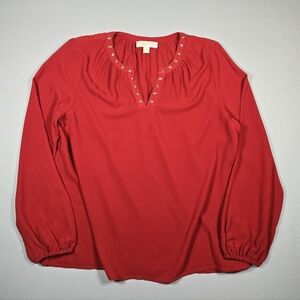 MICHAEL KORS Red Studded V-Neck Tunic Blouse Long Sleeve with Bitton Detail L